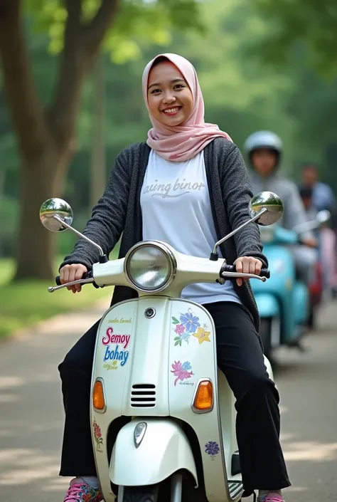 

 Main subject :  A young woman wearing a pastel pink hijab ,  with cheerful facial expressions ,  are sitting on a classic style retro scooter .

Fashion:  Hijab It is made of soft material without a pattern .  He wears a white T-shirt with Indonesian te...