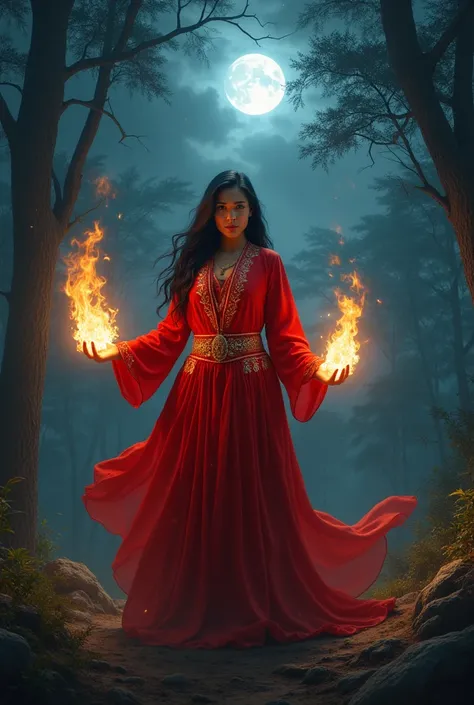 an indonesian woman in a red robe all her clothes are red, overlooking the forest with fire magic in his hands night atmosphere