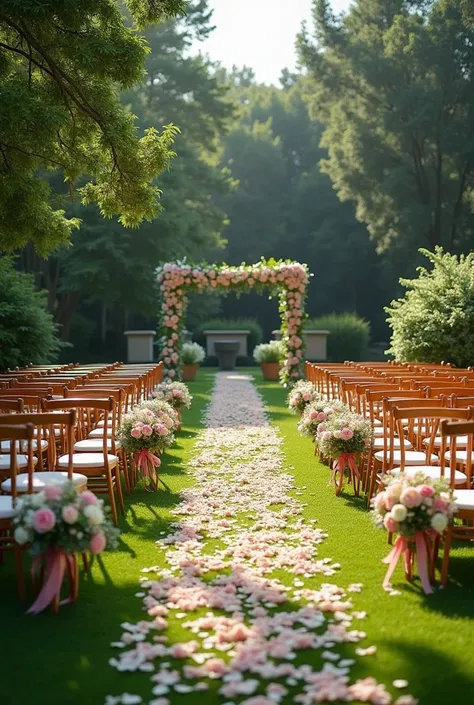  The setting should show an open lawn with Tiffany chairs arranged in 10 rows of 11 chairs each , a central corridor 1 meter wide ,  and a space of 3 meters for the altar and musicians .  The decor includes varied flower pots along the corridor and bouquet...