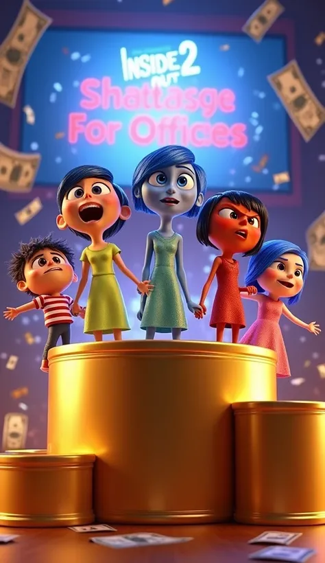 An animated close-up of the core emotions-Joy, Sadness, Anger, Fear, and Disgust-standing triumphantly on top of a giant gold podium. In the background, the screen shows Inside Out 2 shattering box office records, while dollar bills and tickets float aroun...