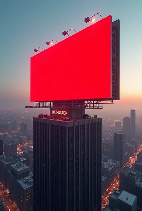  A rectangular red billboard on a tall building in the middle of a city bustling with cars. Picture the size of a movie screen 