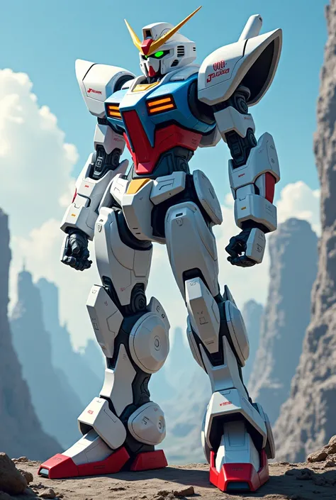 Humanoid Mecha, fully enclosed shoulder guards, matching arm and leg guards, full body, full armor, the design balances heavy with agility, (the color scheme is primarily white with red and blue accents, the concept Inspired by Super robot, organic biotech...