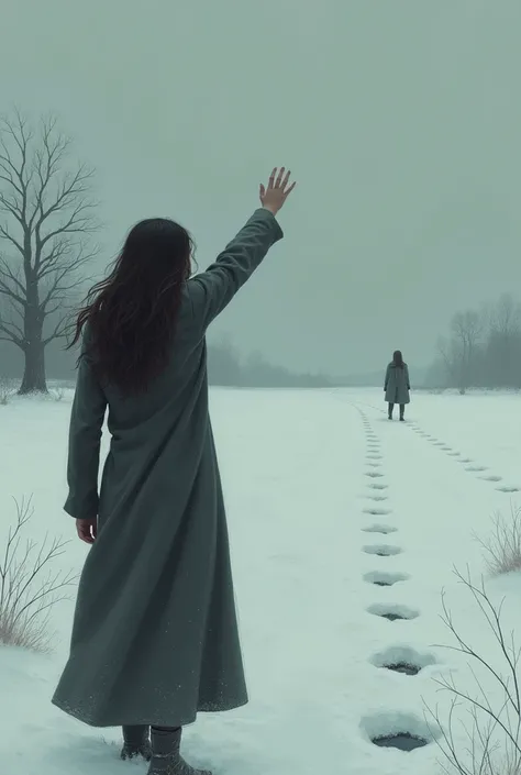 Sad woman waving to a man in the distance in winter realistic painting