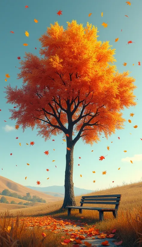 An autumn tree drops leaves on a bench.