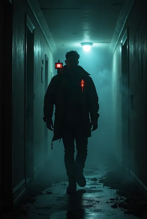 An unsettling view of an investigator walking through a shadow-filled corridor, holding an EMF detector glowing with spikes. The oppressive darkness seems alive, with faint, swirling ghostly forms.