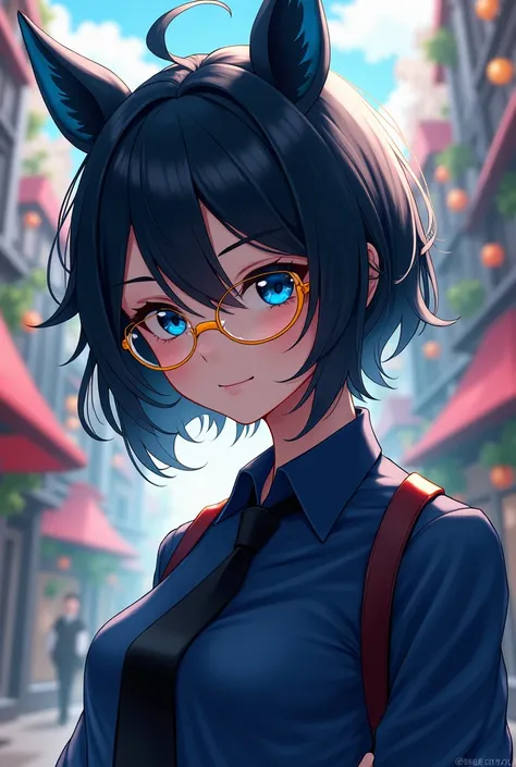 Genshin scene, She is a female. She has sharp-set eyes and dark blue eyes. Her hair is short, black, and has bangs. Her bangs are shoulder-length and she wears yellow glasses. She wears a dark blue shirt and a black tie. She has a playful face.