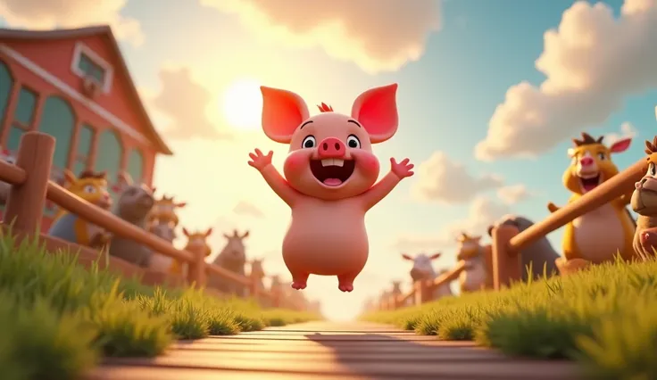 " A joyful and triumphant Disney-style 3D image of the Pipo piggy standing on the other side of the bridge,  with an expression of pure excitement and relief .  He is jumping with joy ,  their little ears perked up and a big smile on their face . Behind hi...