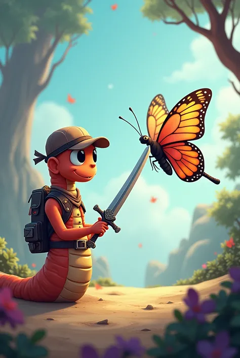 worm,butterfly, holding a sword,cartoon,Cool, with a body like a person