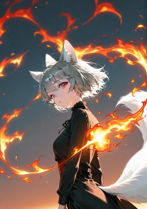 Animal ears、 falling from the sky wearing flames like a meteorite、Flame Effect、Gray Hair、A woman with five white tails 