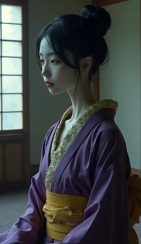 Ultra-realistic, highly detailed depiction of the yokai "Rokurokubi," a woman with an abnormally long neck that is over three times the length of her torso, smoothly twisting and floating in the air. She wears her black hair in an updo and has a calm yet u...