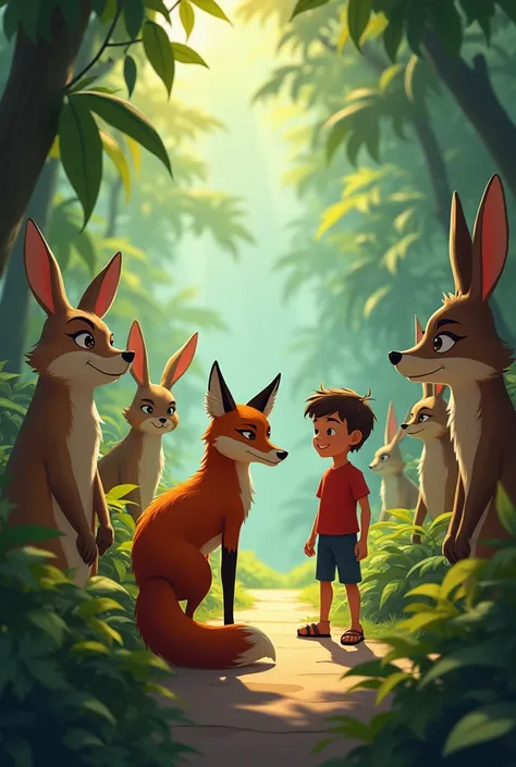 Show the fox walking away reluctantly, glancing back over its shoulder with a defeated look. The rabbit and other animals are standing proudly, celebrating their unity. The boy smiles in the background, relieved and happy. The jungle now feels vibrant and ...