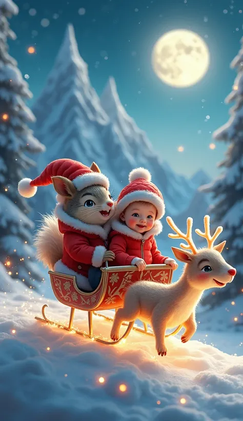 An enchanting and whimsical Christmas scene set in a fantastical winter wonderland, featuring an adorable squirrel dressed in a cozy red Santa coat and hat, sitting joyfully in a magical sleigh. The sleigh is pulled by glowing, mystical reindeer with shimm...