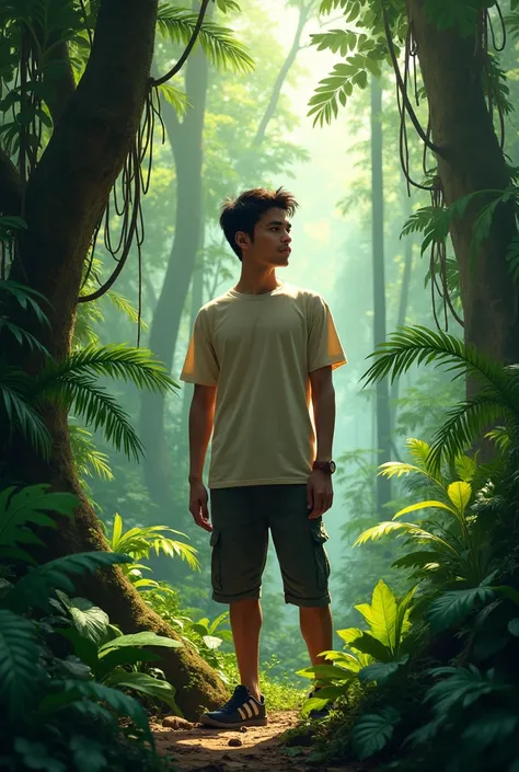  An indonesian man, black hair, short, 25 years in a beautiful rain forest, realistic form