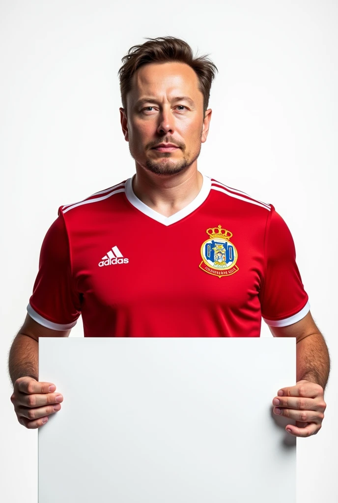 Make an image of Eilon Musk wearing the red jersey of América de Cali de Colombia and holding a white sign 