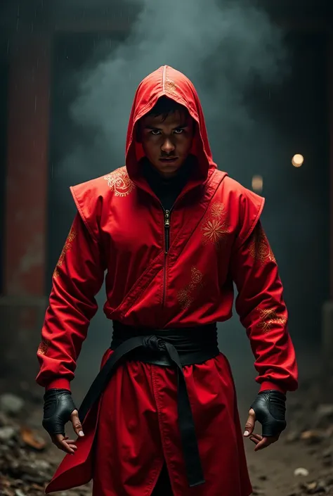 Make character A red ninja indonesian man clearly visible His handsome face is flapping his face towards the opponent