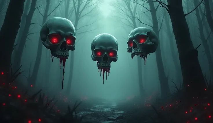 "Design a horror-themed banner that features a dark and eerie aesthetic. Incorporate sharp, jagged edges, eerie floating disembodied skull heads, ominous shadows, and touches of blood red accents. The background should evoke a chilling atmosphere, such as ...