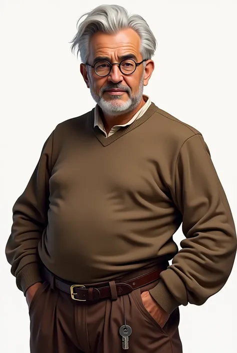 Bernabeu is a man with grayish white hair only on the side of his head. He wears brown clothes with a brown sweater. He also has brown pants around his waist and a key ring on his waist. He wears round glasses. .