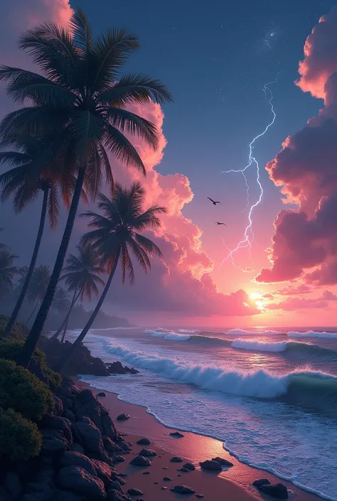 Palm trees whipped by the wind and a sunset and strong sea waves and a starry sky with birds and lightning in the background and the pink sun, all very realistic.