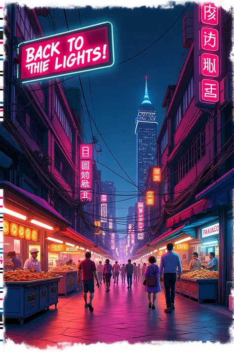 5. "Illustrate a scene of Bangkok’s bustling Chinatown at night, complete with neon signs and street food vendors, using vibrant details. Pair it with huge typography saying BACK TO THE LIGHTS! in a graffiti-inspired font. Use neon colors like pink, orange...