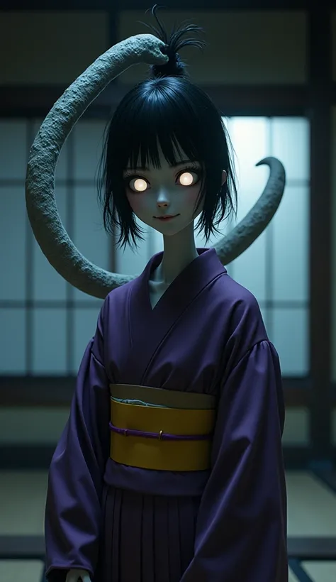 Ultra-realistic, highly detailed depiction of the yokai "Rokurokubi," with an abnormally long neck that stretches over five times the length of her body, twisting and undulating like a serpent in the air. Her black hair is tied up, swaying slightly with th...