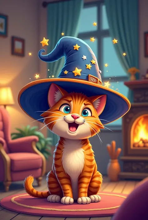 Kitty was no ordinary cat; she had a magic hat.
Prompt: A whimsical, cartoon-style tabby cat wearing a large, colorful magic hat adorned with stars and a glowing brim, set in a cozy living room.
