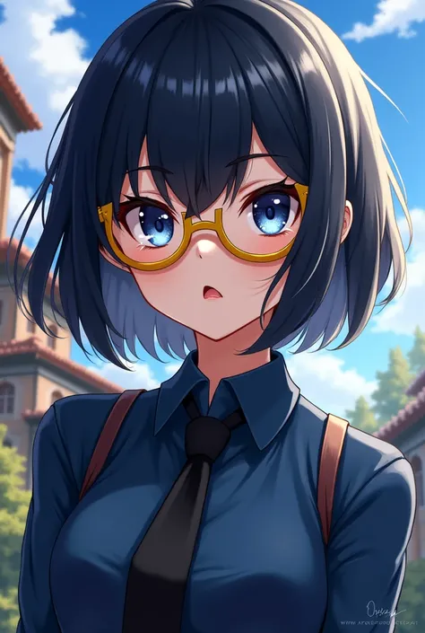 Genshin scene, She is a female. She has sharp-set eyes and dark blue eyes. Her hair is short, black, and has bangs. Her bangs are shoulder-length and she wears yellow glasses. She wears a dark blue shirt and a black tie. She has a playful face.