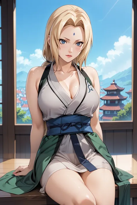 Masterpiece, extremely detailed,4k ,2D ultra graphic,anime ,solo,1girl ,tsunade,beauty face,large breasts ,grey kimono,sleeveless,sash,blue slimfit panta,body goals,slim body,slim models body,straddle,sit down,arms behind back,looking at viewers,front look...