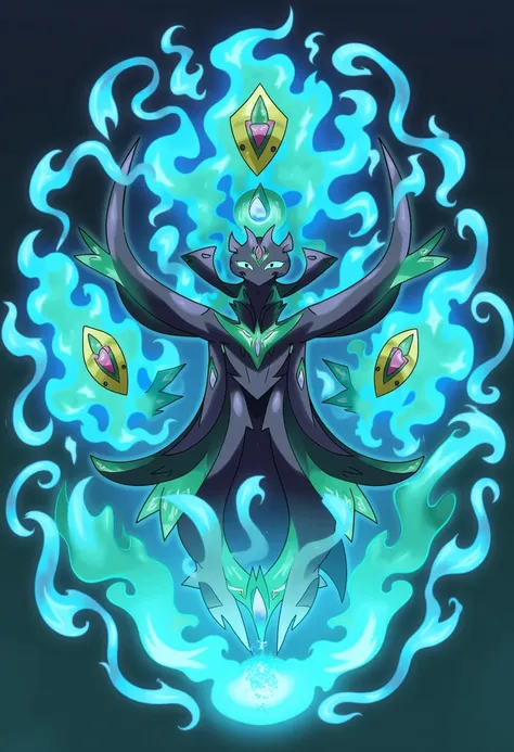 A majestic Wraithlete manifests with a core dark body surrounded by mesmerizing blue-green spirit flames that constantly dance and flow around it. Its most distinctive features are its floating ceremonial shields marked with mystical patterns that orbit it...