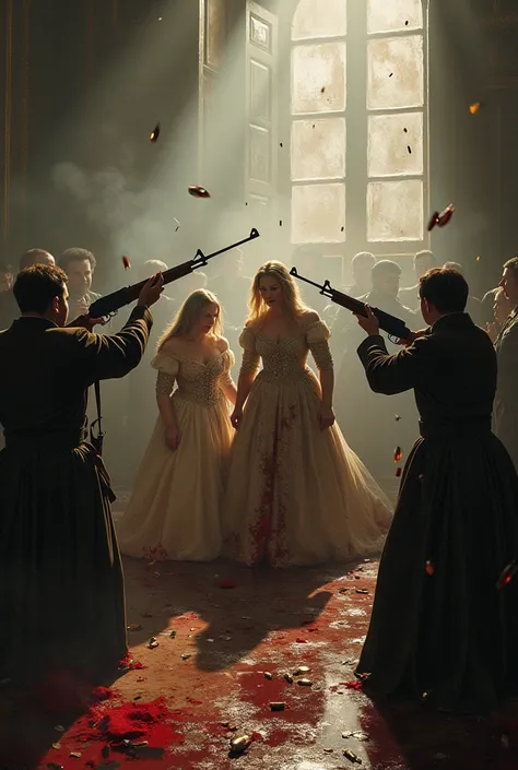 A brutal and chaotic scene in a dimly lit room. Soldiers fire rifles, and the Romanov family collapses amidst confusion and horror. Jewel-encrusted garments sparkle as they deflect some bullets, creating a surreal and tragic contrast. Bloodstains spread on...