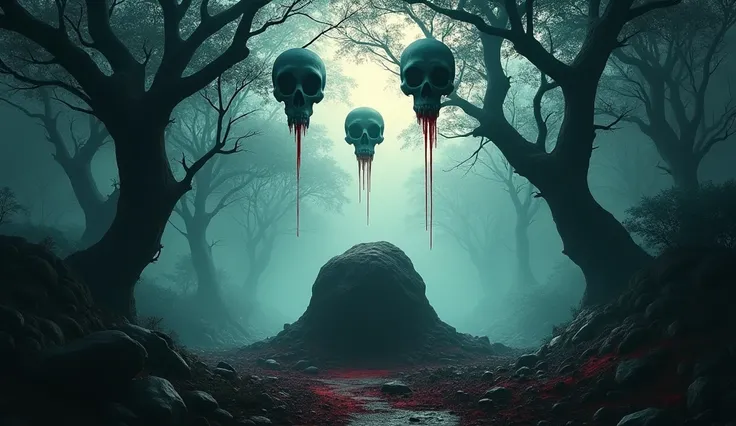 "Design a horror-themed banner that features a dark and eerie aesthetic. Incorporate sharp, jagged edges, eerie floating disembodied skull heads, ominous shadows, and touches of blood red accents. The background should evoke a chilling atmosphere, such as ...