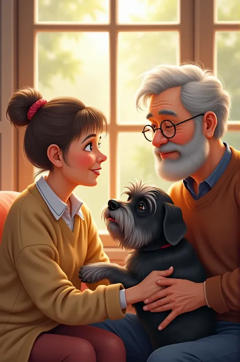 Create the image of an old lady with light brown hair and a grandpa with lenses holding two dogs, a pug and a schnauzer dog  