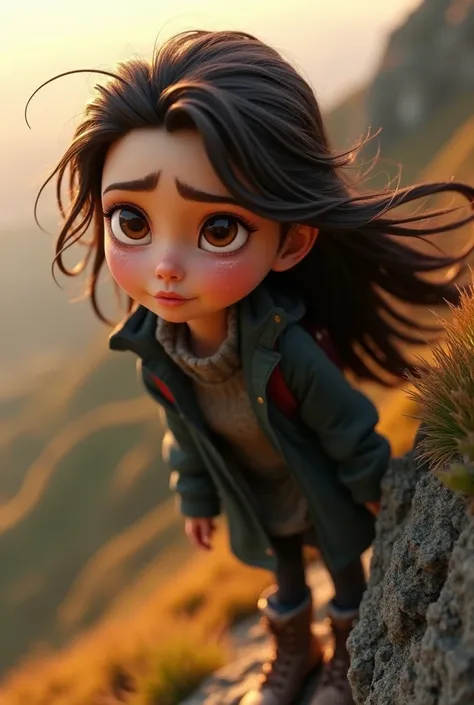  3d pixar image Oval-faced woman with moist brown eyes,  dark brown wavy long hair ,  wearing a dark jacket and worn boots while standing on the edge of the hill , his hair was blown off .  A small smile appeared on his face that was still wet with tears.