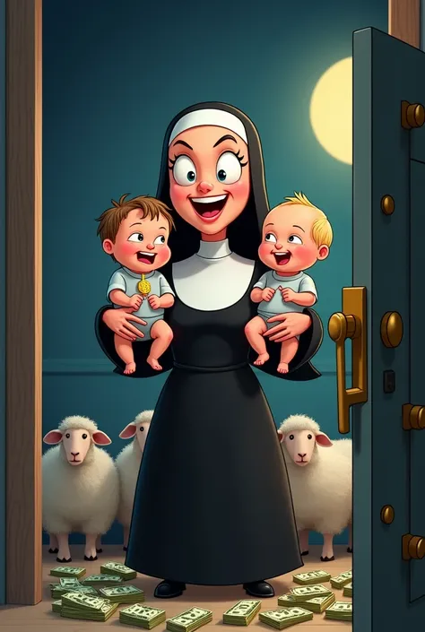  2D cartoon of a mischievous nun ,  she is carrying a different sex baby on each arm,  she opened the bank safe full of money and jewelry, Room at night , We also see a few ewes in the room .