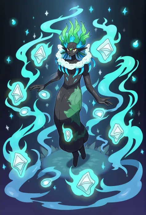 A majestic Wraithlete manifests with a core dark body surrounded by mesmerizing blue-green spirit flames that constantly dance and flow around it. Its most distinctive features are its floating ceremonial shields marked with mystical patterns that orbit it...