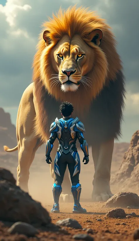 "A powerful warrior with spiky black hair, wearing a futuristic battle suit with a glowing blue and white design, stands confidently in a barren, rocky wasteland under a stormy sky. Behind him, a massive, fierce lion with golden fur and piercing amber eyes...