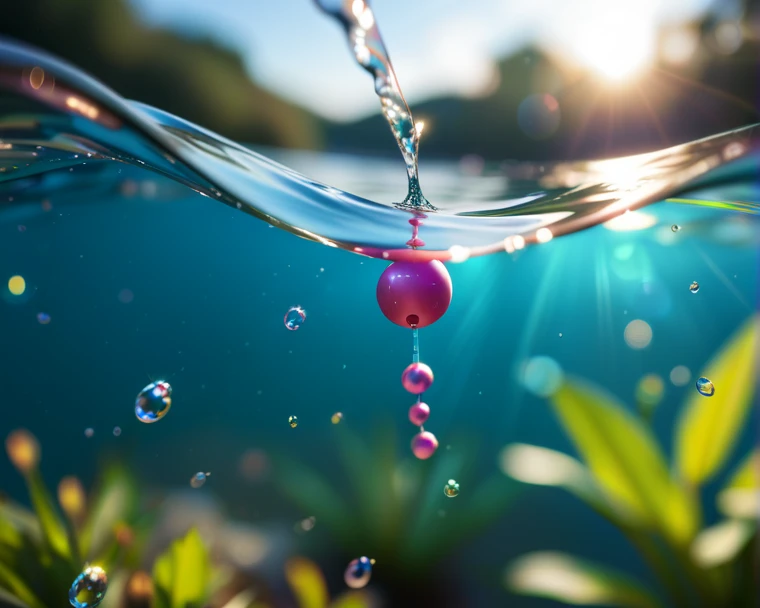 A highly detailed, photorealistic close-up of a water droplet falling and splashing into a calm water surface. The image captures the exact moment of impact, showing ripples radiating outward and tiny droplets suspended in mid-air. The lighting is soft and...