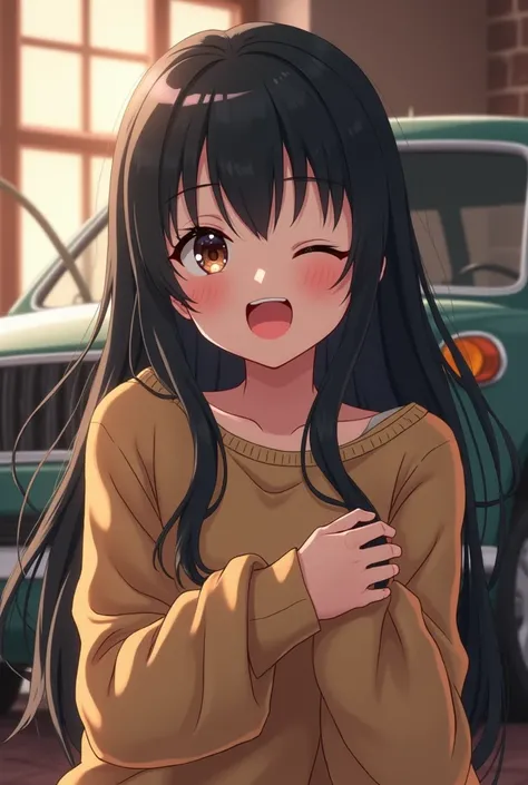  a mature girl in her late teens 、cute、Droopy eyes、 black hair、 long hair、Lots of bangs、 with lots of hair around its face 、The sweater is too loose 、女の子はセーターを萌え袖にしてこちらを向いて laughing in front of the car 、 laughing in front of the car 、  photos unvolume、 in ...