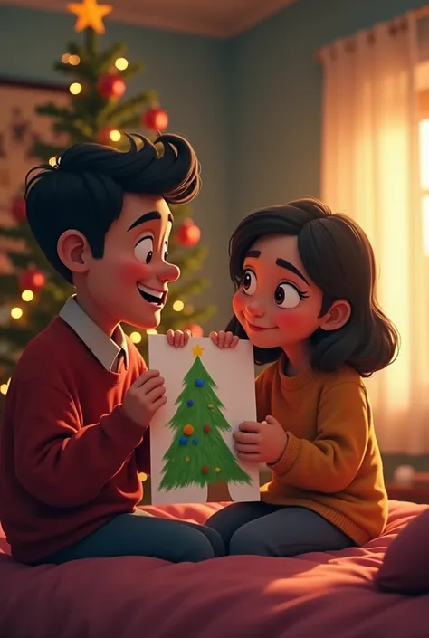  Arthur and Lúcia in a video call ,  Arthur smiling shyly while Lúcia shows her Christmas tree drawing.  Arthurs background shows a modest room ,  with a Christmas tree without many decorations , reflecting the solitude ,  while Lúcias environment is happi...