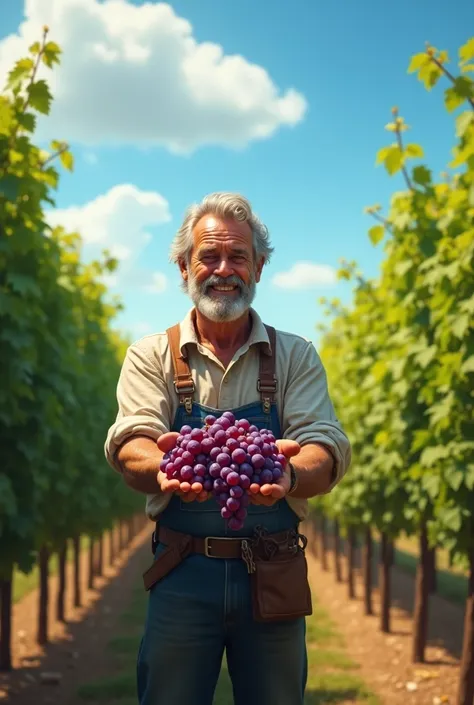 A scene about a winegrower : Human,  handing out generously harvested grapes to a few happy ren.  In the background are lush vines and a blue sky 