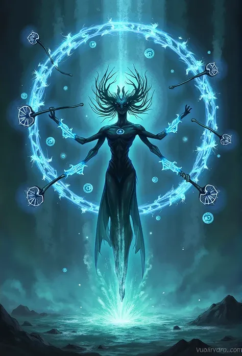 A majestic Wraithlete manifests with a core dark body surrounded by mesmerizing blue-green spirit flames that constantly dance and flow around it. Its most distinctive features are its floating ceremonial shields marked with mystical patterns that orbit it...