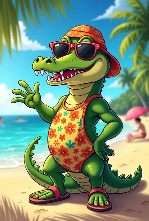 Human Alligator Summer anthropomorphic at the beach feet wearing sandals, With sunglasses, with hand 🤙, And swimsuit (fanart)