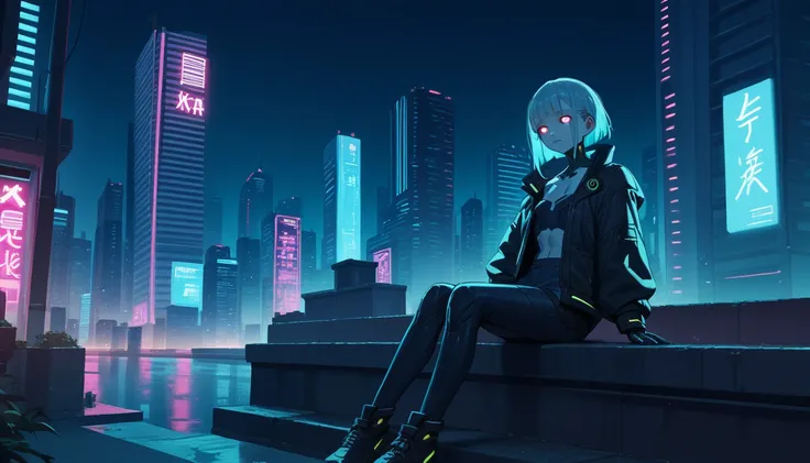 score_9, score_8_up, score_7_up, score_6_up, score_5_up, score_4_up, source_anime, 1girl, cyberpunk, city, night, neon lights, glowing eyes, sitting, outdoors, buildings