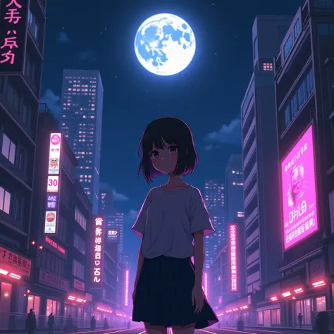  girl , anime, neon, moon, sadness, sadness, pink and purple colors, night,  Cyberpunk