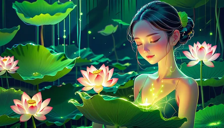 (masterpiece, best quality:1.2), In digital art style, charming illustration,peaceful picture， on lotus leaf，alone，body glow，Glowing lines，fluorescence,glow example，Example tracking，flash，萤light particles，Backlight，Translucent，light particles，Correct human...