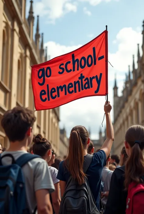 Teens are holding a flag in which “GO SCHOOL - ELEMENTARY” written. They are outside the Oxford University