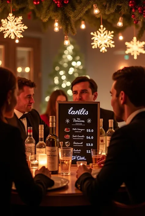  Create a stylish Christmas image to show the prices of a Christmas evening where the glasses are at 5€,  the bottles at 50€ , les shot à 1€, And the pints at 3 .50€