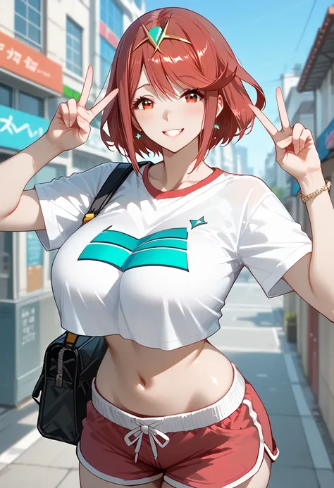 pyra (xenoblade), 1girl, red hair, short hair, swept bangs, bob cut, red eyes, source_anime, masterpiece,best quality, huge breasts, flash gyaru, shirt, T-shirt, T-shirt tied, navel, dolphin shorts, smile, double peace pose, city, evening, blurry backgroun...