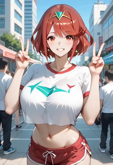 pyra (xenoblade), 1girl, red hair, short hair, swept bangs, bob cut, red eyes, source_anime, masterpiece,best quality, huge breasts, flash gyaru, shirt, T-shirt, T-shirt tied, navel, dolphin shorts, smile, double peace pose, city, evening, blurry backgroun...