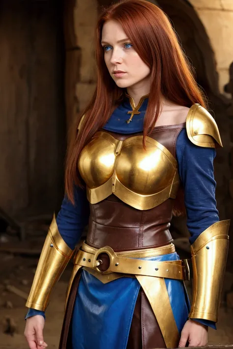 Human, female, long red hair, tall, blue eyes, light skin, stand a little to the side, brown and blue leather armor, brown and blue leather skirt, off shoulder, gold belt, gold sandal, gold hair ornament, from the hand comes out a short beam of warm magica...