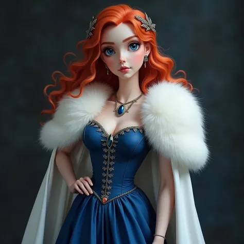 I have middle layer red hair with white strands chubby 1 . 79 tall and blue eyes 110B chest size blue dress on with white fur cape sie hält drachen im arm rundes gesicht
game of thrones style ( Meister Werk highly ditalized )